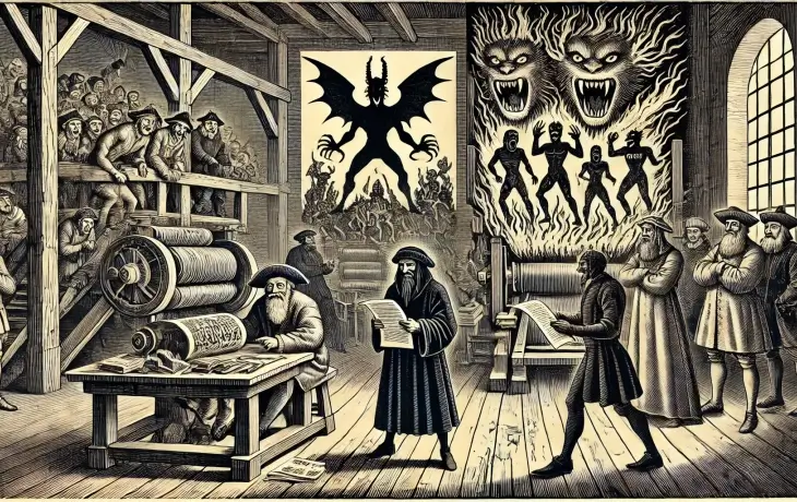 Ortaçağ matbaasında çalışan ustalar, Vlad Tepeş’i şeytani bir varlık gibi gösteren abartılı gravür broşürleri basarken; arka planda izleyiciler ve duvarlarda iblis figürlü çizimler görülüyor.